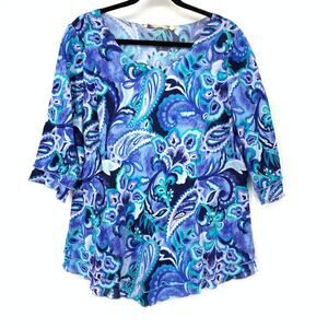 Soft Surroundings Siesta Key Gauze Tunic Top Womens L Blue Paisley Half Sleeve